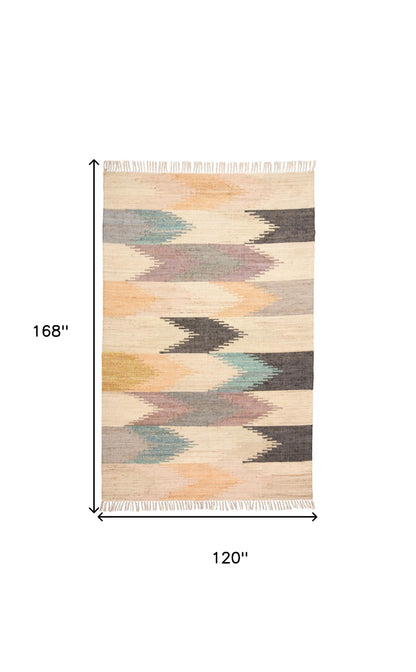 9' X 12' Tan Blue And Orange Geometric Dhurrie Flatweave Handmade Area Rug With Fringe