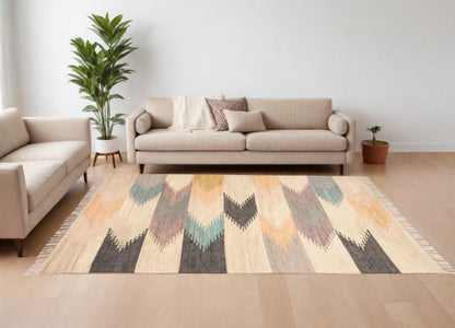 10' X 14' Tan Blue And Orange Geometric Dhurrie Flatweave Handmade Area Rug With Fringe