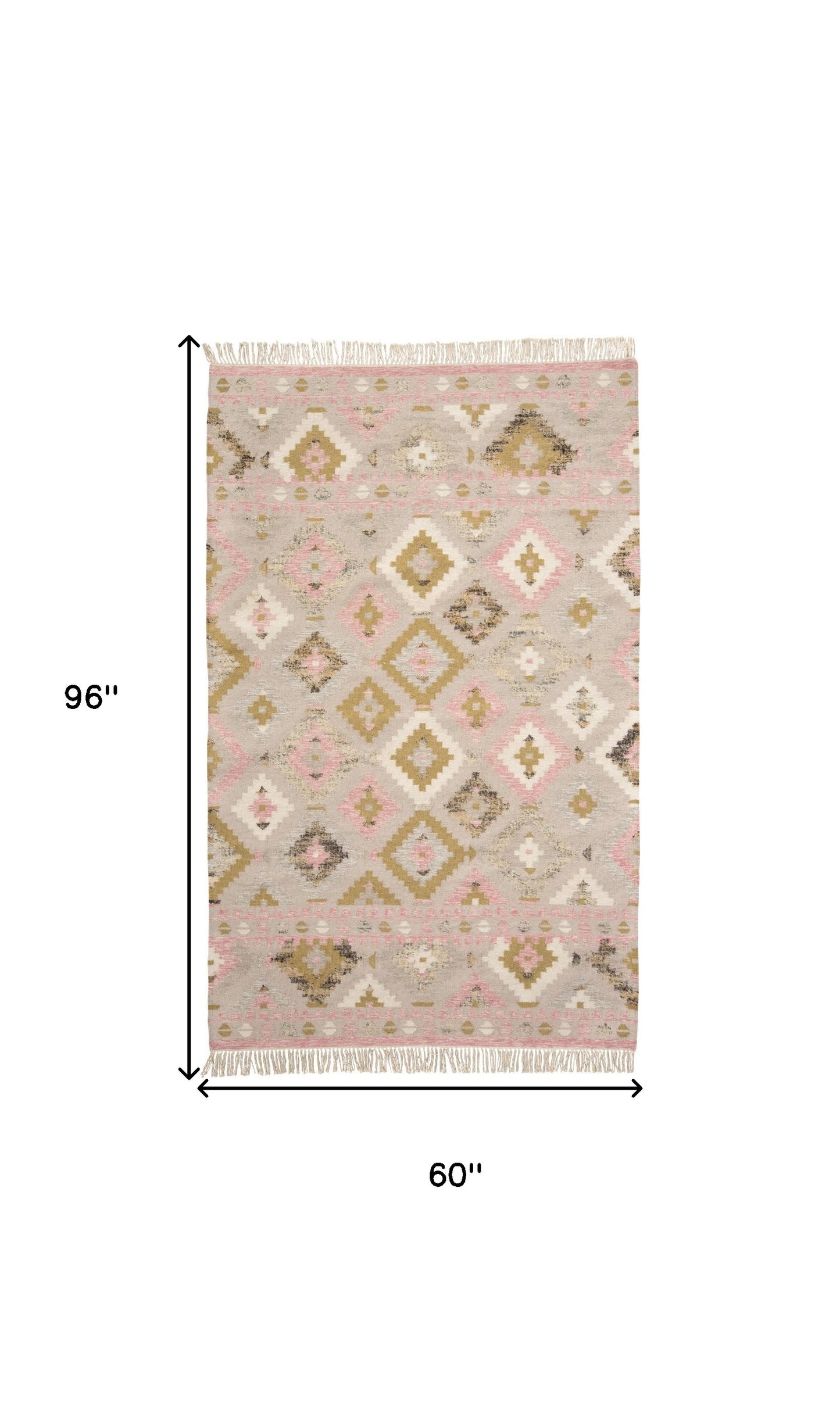 5' X 8' Pink Gold And Taupe Wool Geometric Dhurrie Flatweave Handmade Area Rug With Fringe