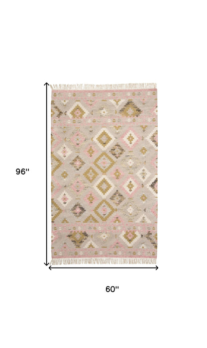 5' X 8' Pink Gold And Taupe Wool Geometric Dhurrie Flatweave Handmade Area Rug With Fringe