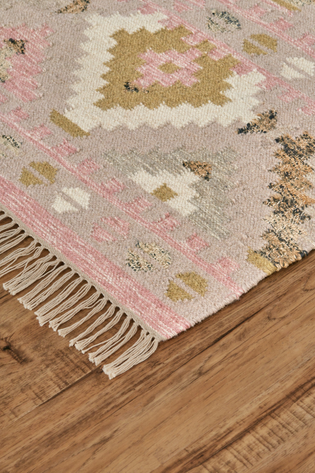 5' X 8' Pink Gold And Taupe Wool Geometric Dhurrie Flatweave Handmade Area Rug With Fringe