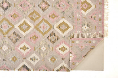 5' X 8' Pink Gold And Taupe Wool Geometric Dhurrie Flatweave Handmade Area Rug With Fringe