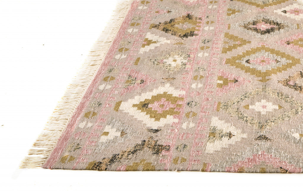 5' X 8' Pink Gold And Taupe Wool Geometric Dhurrie Flatweave Handmade Area Rug With Fringe