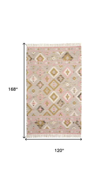 5' X 8' Pink Gold And Taupe Wool Geometric Dhurrie Flatweave Handmade Area Rug With Fringe