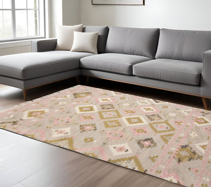 10' X 14' Pink Gold And Taupe Wool Geometric Dhurrie Flatweave Handmade Area Rug With Fringe