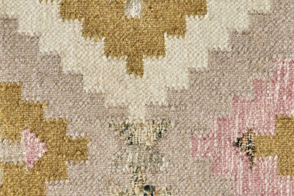 5' X 8' Pink Gold And Taupe Wool Geometric Dhurrie Flatweave Handmade Area Rug With Fringe