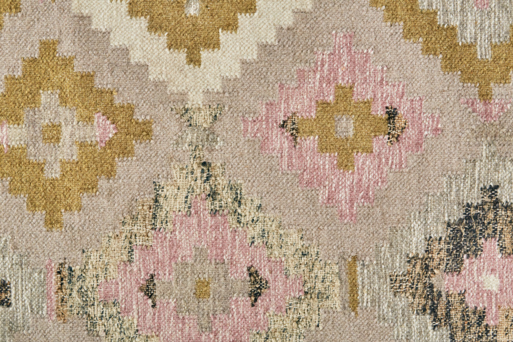 5' X 8' Pink Gold And Taupe Wool Geometric Dhurrie Flatweave Handmade Area Rug With Fringe