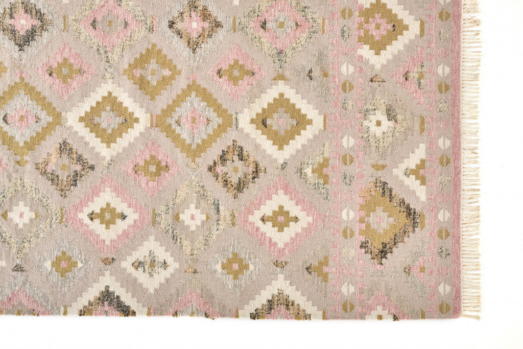 5' X 8' Pink Gold And Taupe Wool Geometric Dhurrie Flatweave Handmade Area Rug With Fringe