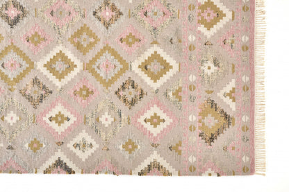 5' X 8' Pink Gold And Taupe Wool Geometric Dhurrie Flatweave Handmade Area Rug With Fringe