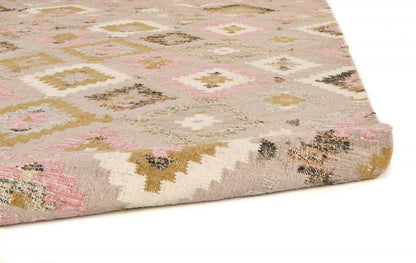 5' X 8' Pink Gold And Taupe Wool Geometric Dhurrie Flatweave Handmade Area Rug With Fringe