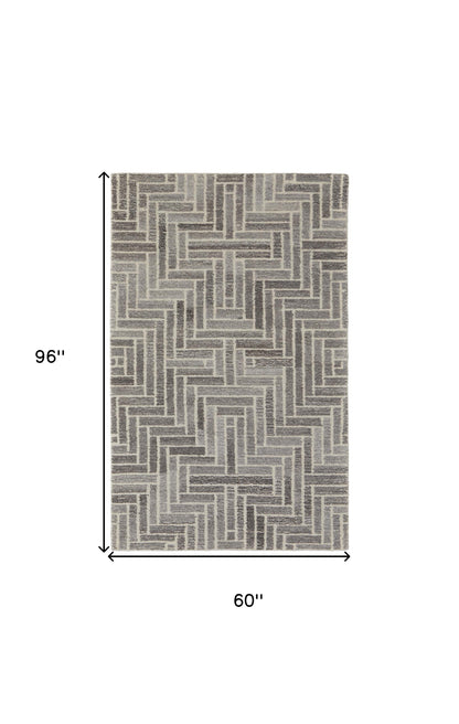 5' X 8' Tan and Gray Wool Geometric Hand Tufted Area Rug