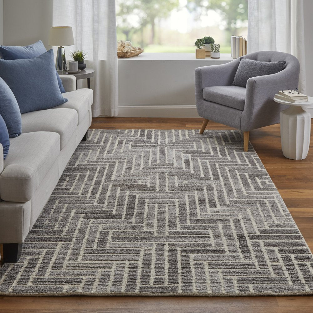 10' X 14' Tan and Gray Wool Geometric Hand Tufted Area Rug