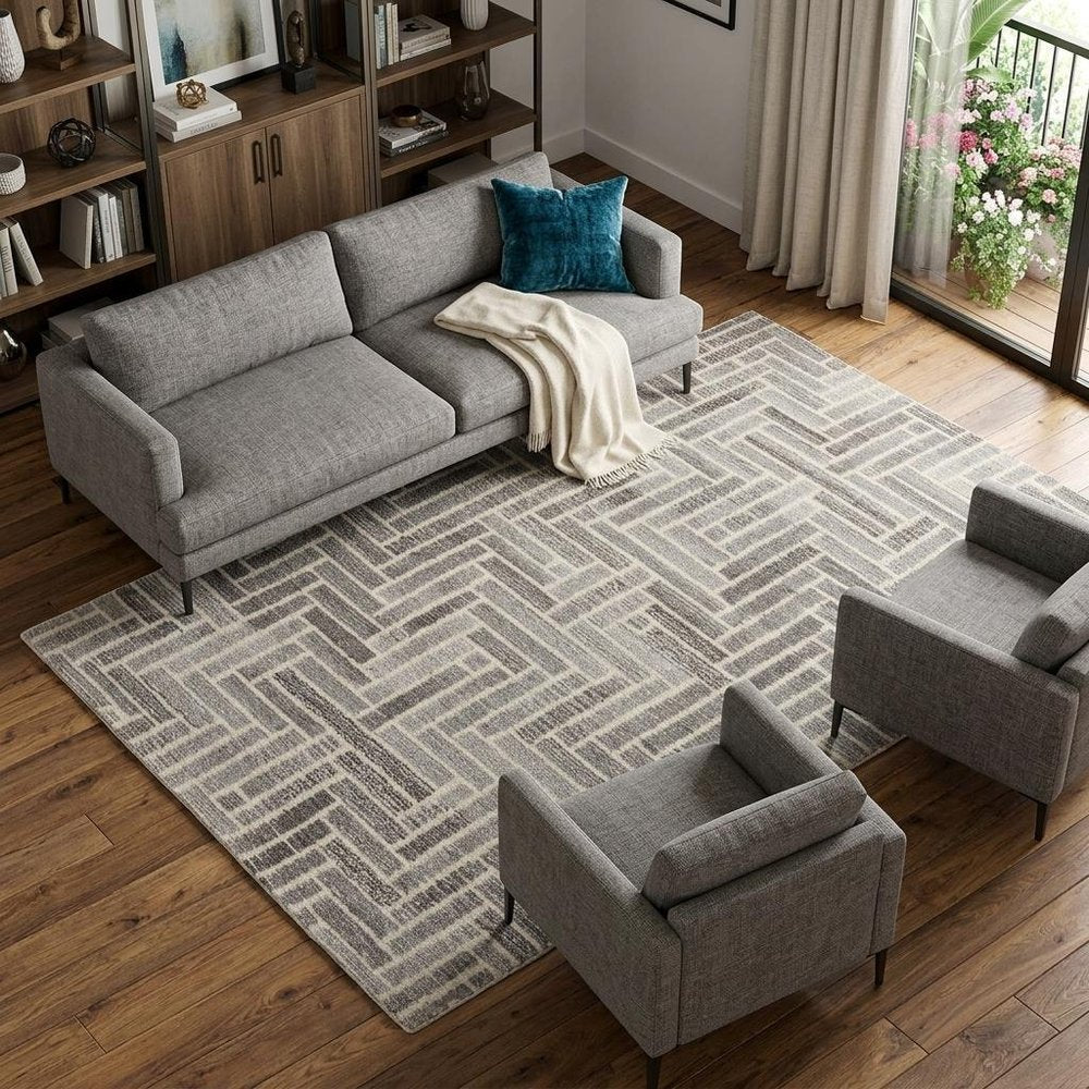 10' Tan and Gray Round Wool Geometric Hand Tufted Area Rug