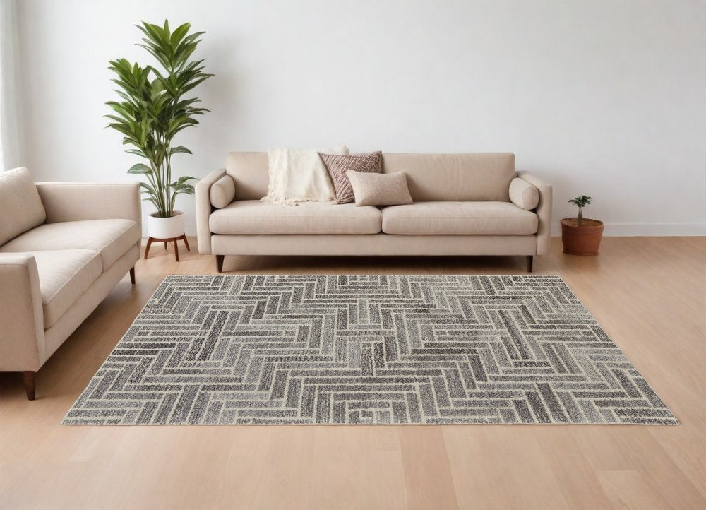 10' X 14' Tan and Gray Wool Geometric Hand Tufted Area Rug