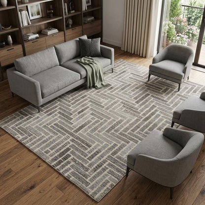 10' Tan and Gray Round Wool Geometric Hand Tufted Area Rug
