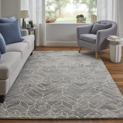 10' X 14' Gray and Ivory Wool Geometric Hand Tufted Area Rug