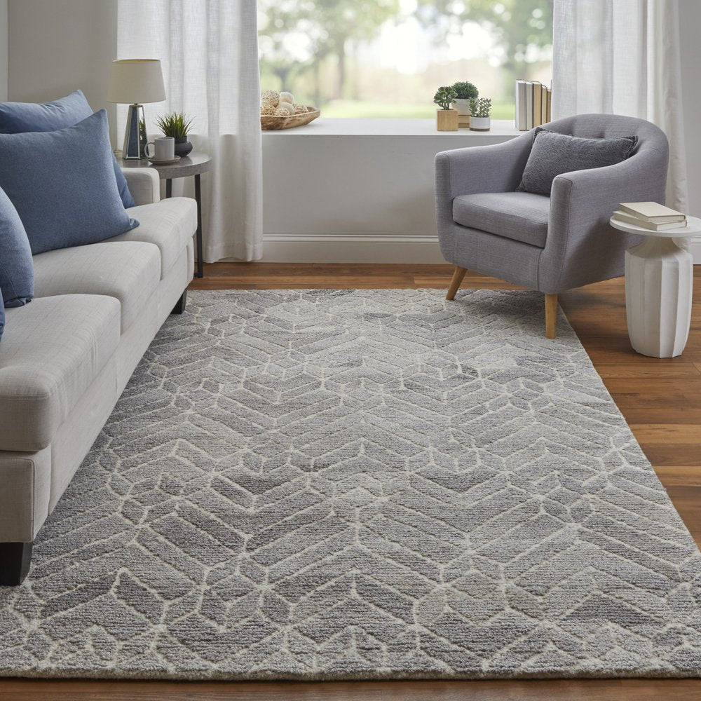 10' X 14' Gray and Ivory Wool Geometric Hand Tufted Area Rug