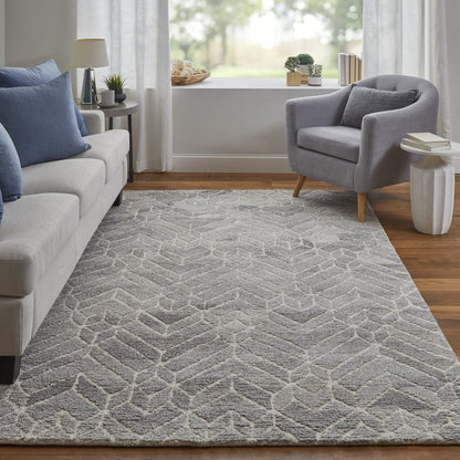 10' X 14' Gray and Ivory Wool Geometric Hand Tufted Area Rug