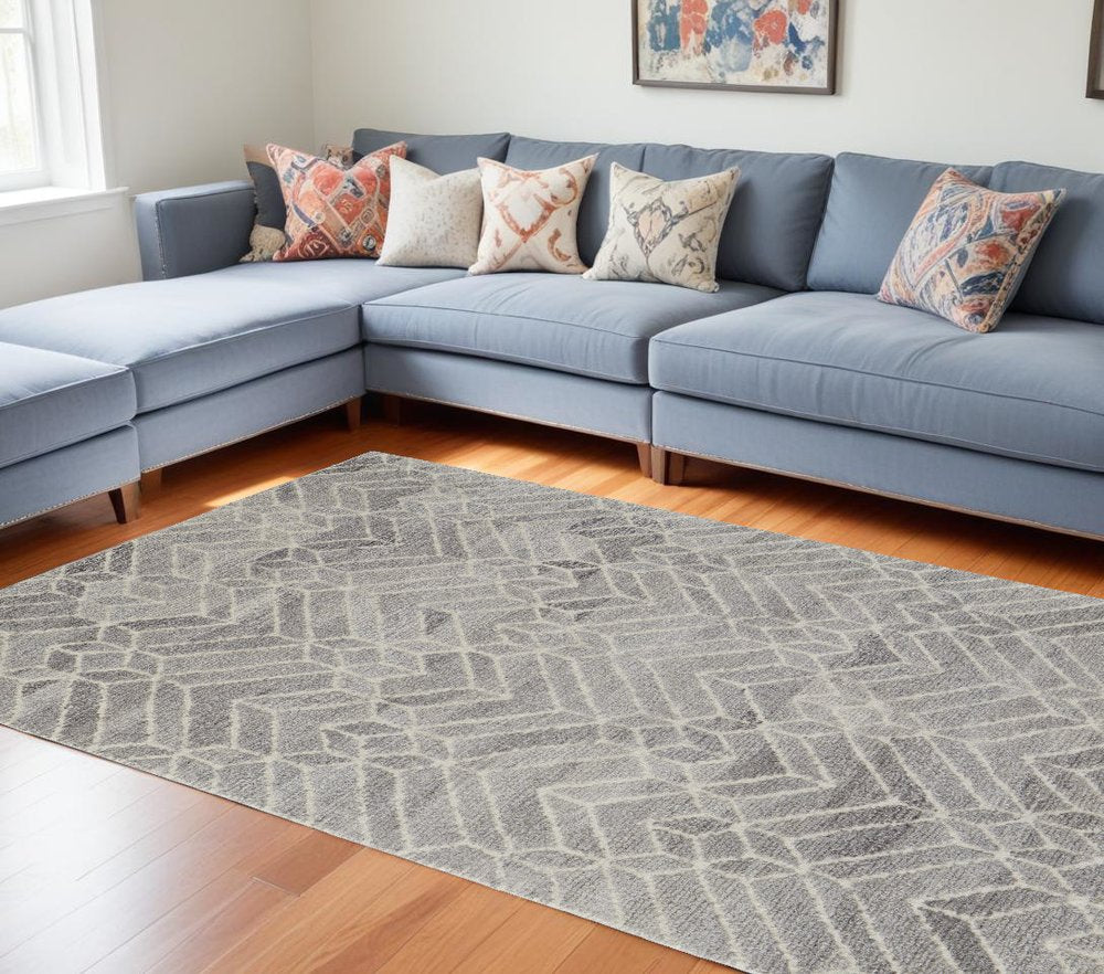 10' X 14' Gray and Ivory Wool Geometric Hand Tufted Area Rug