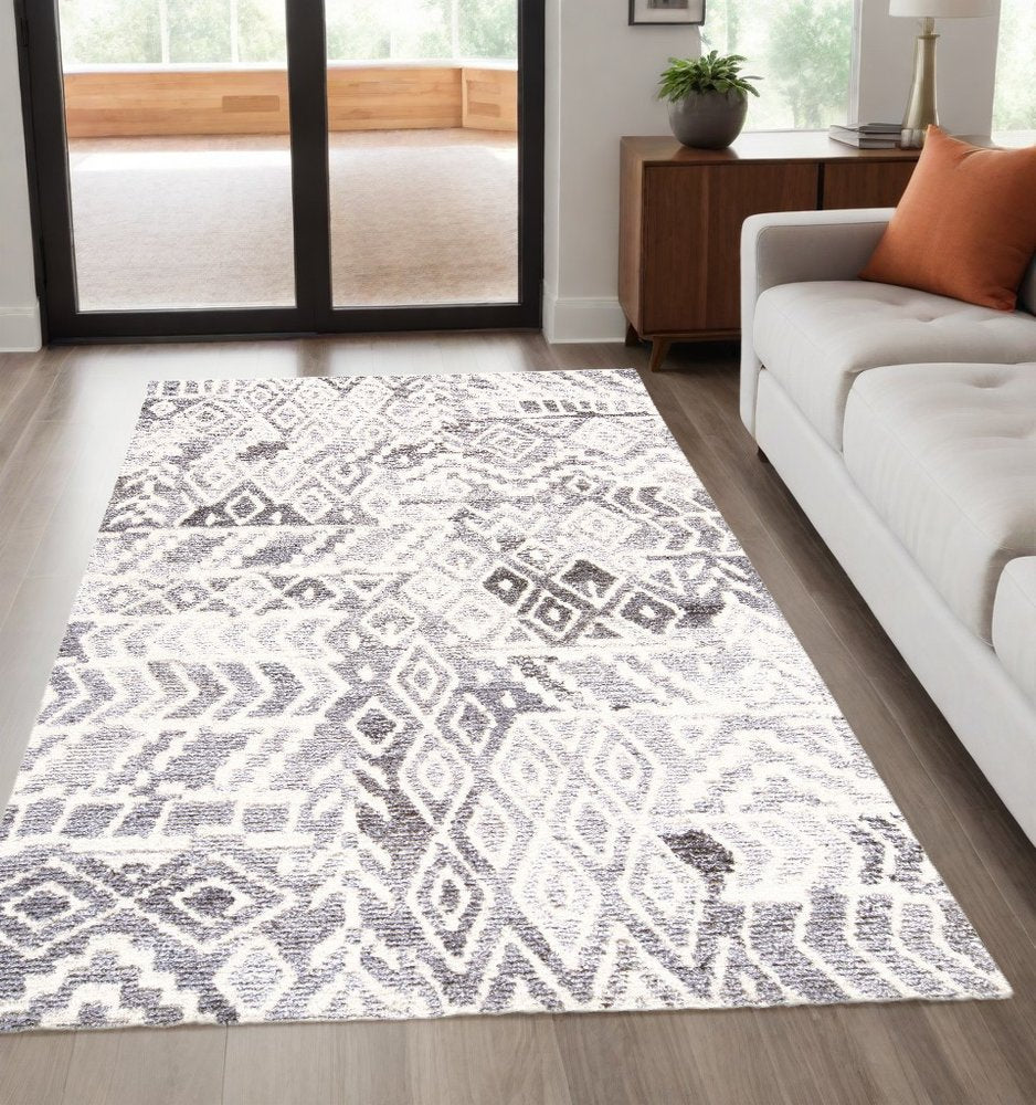 10' X 14' Gray and White Wool Abstract Geometric Hand Tufted Area Rug