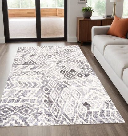 10' X 14' Gray and White Wool Abstract Geometric Hand Tufted Area Rug