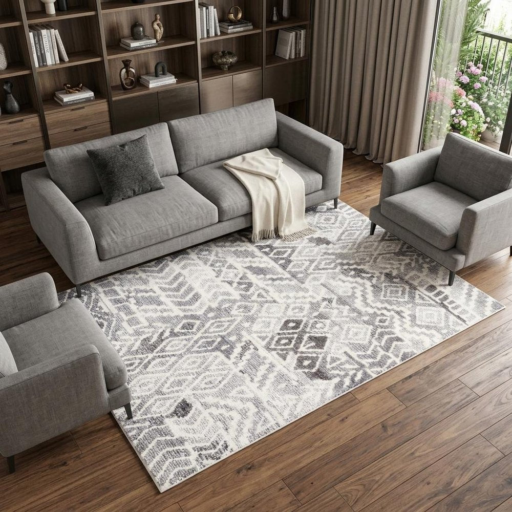 9' X 12' Gray and White Wool Abstract Geometric Hand Tufted Area Rug