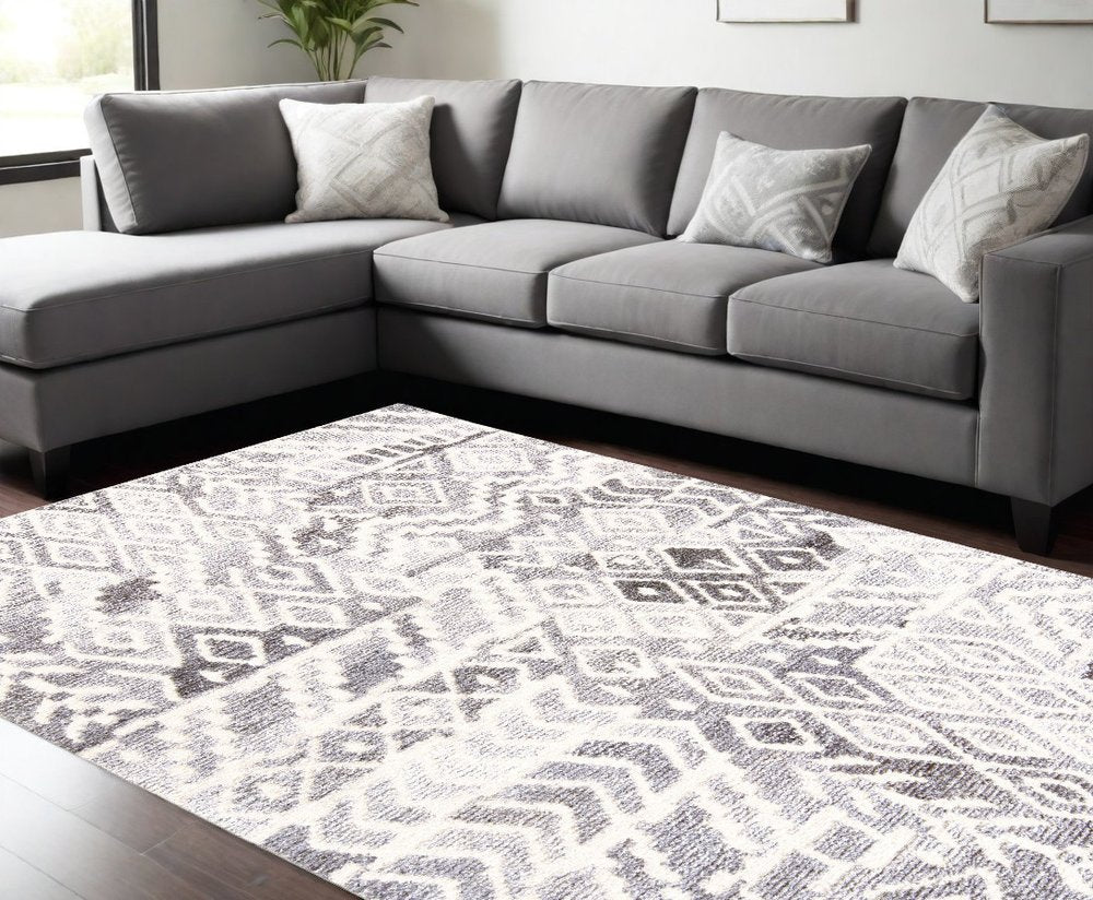 9' X 12' Gray and White Wool Abstract Geometric Hand Tufted Area Rug