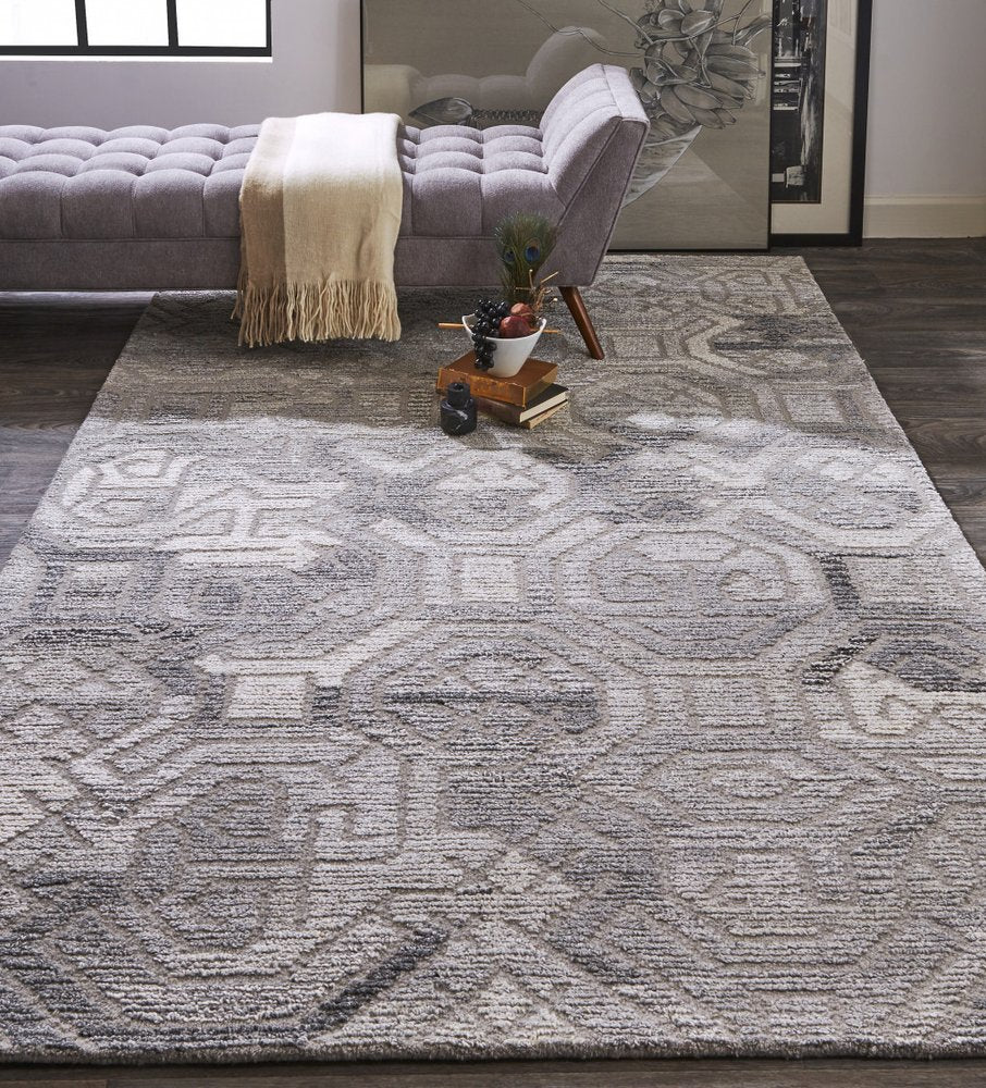 9' X 12' Gray and Ivory Wool Abstract Hand Tufted Area Rug