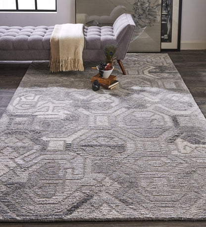 10' X 14' Gray and Ivory Wool Abstract Hand Tufted Area Rug