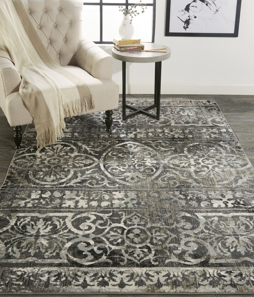 7' X 10' Gray and Ivory Oriental Distressed Area Rug