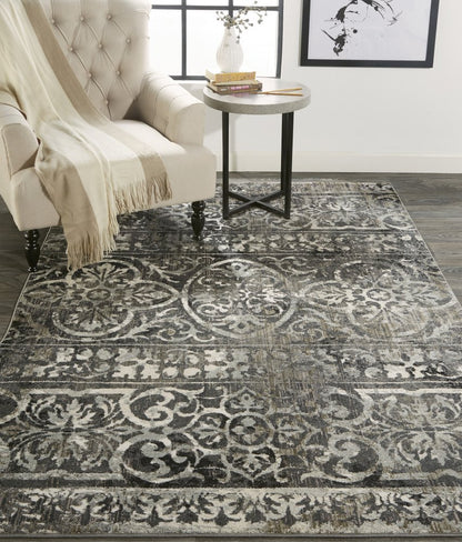 7' X 10' Gray and Ivory Oriental Distressed Area Rug