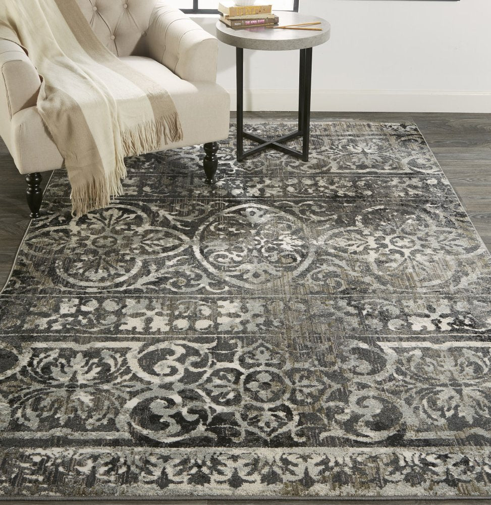 7' X 10' Gray and Ivory Oriental Distressed Area Rug