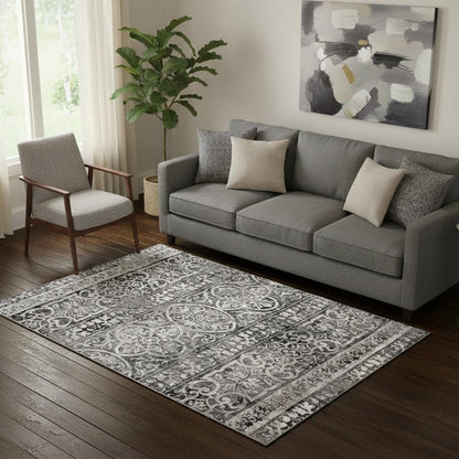 8' Gray and Ivory Abstract Runner Rug