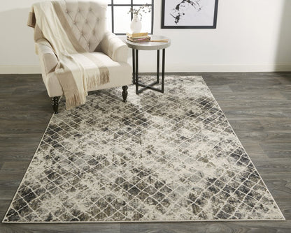 8' Gray And Ivory Geometric Runner Rug