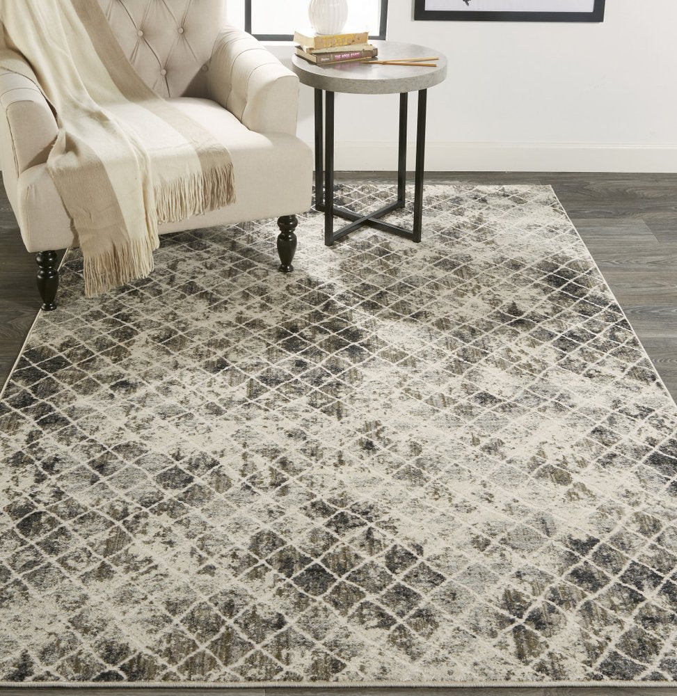 8' Gray And Ivory Geometric Runner Rug