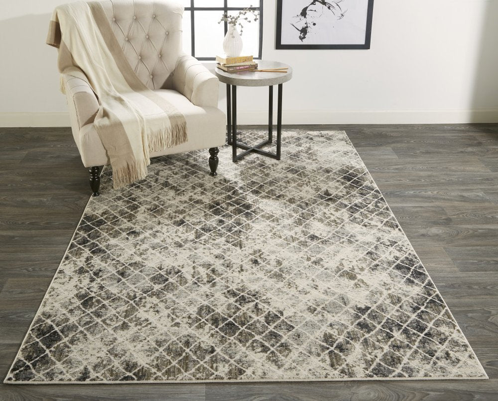 8' Gray And Ivory Geometric Runner Rug