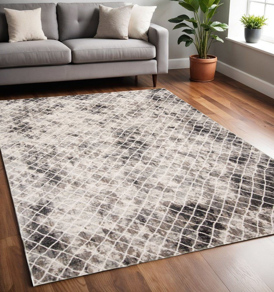 8' Gray And Ivory Geometric Runner Rug