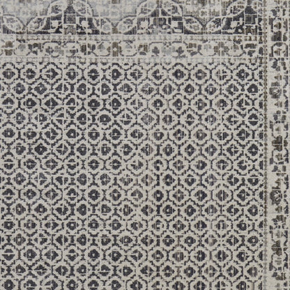 8' Ivory And Black Abstract Geometric Distressed Runner Rug