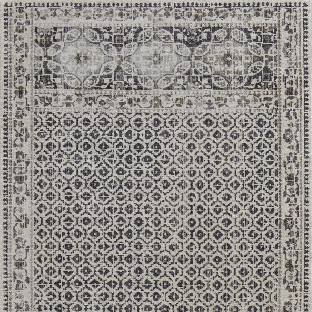 8' Ivory And Black Abstract Geometric Distressed Runner Rug