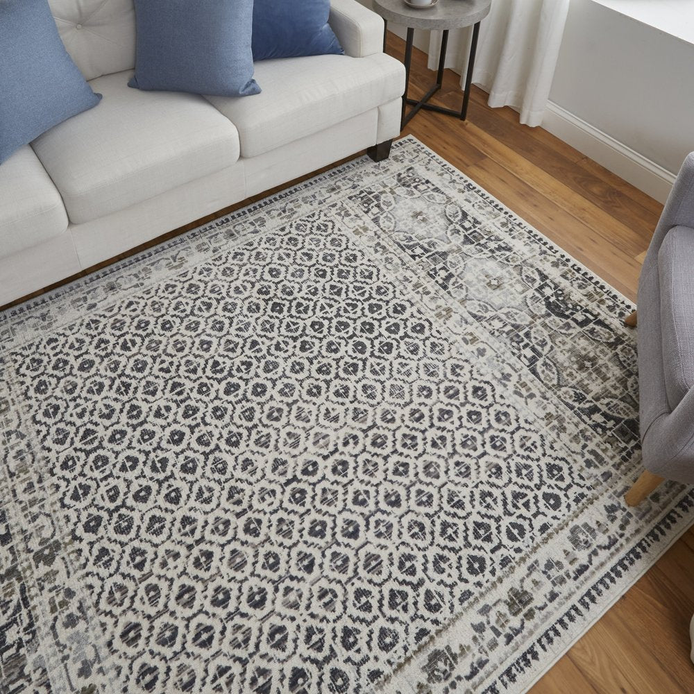 8' Ivory And Black Abstract Geometric Distressed Runner Rug