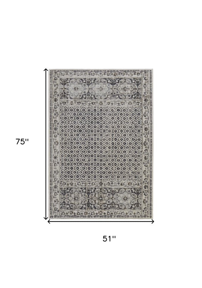 8' Ivory And Black Abstract Geometric Distressed Runner Rug