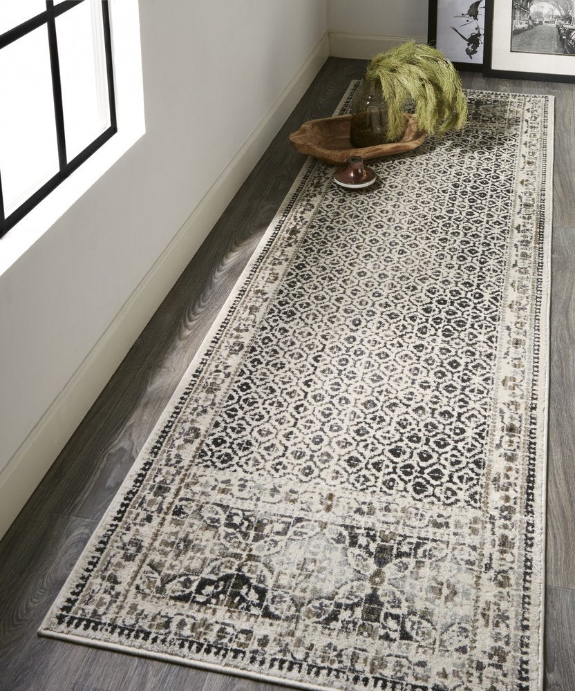 8' Ivory And Black Abstract Geometric Distressed Runner Rug