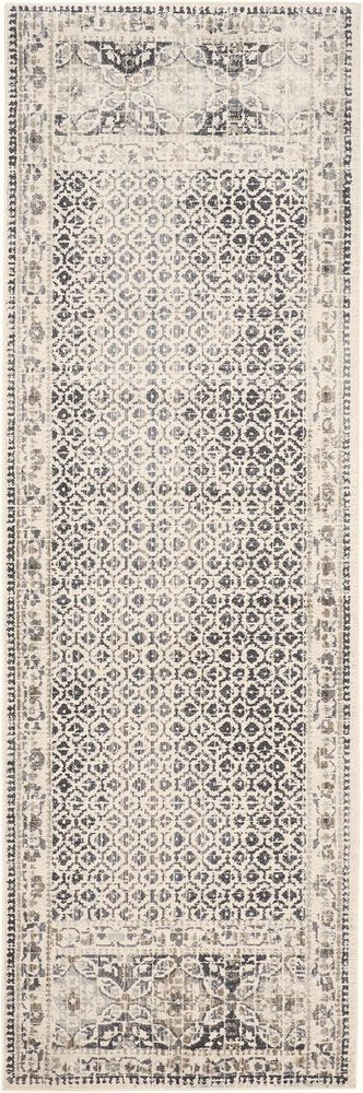 8' Ivory And Black Abstract Geometric Distressed Runner Rug