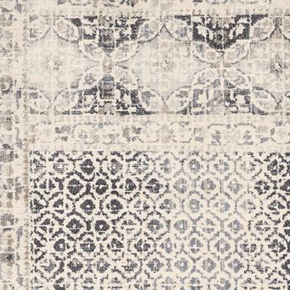 8' Ivory And Black Abstract Geometric Distressed Runner Rug