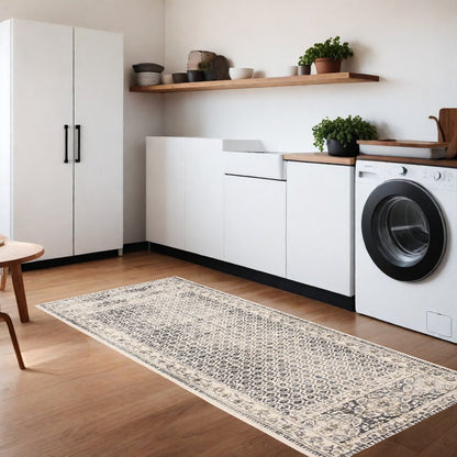 8' Ivory And Black Abstract Geometric Distressed Runner Rug