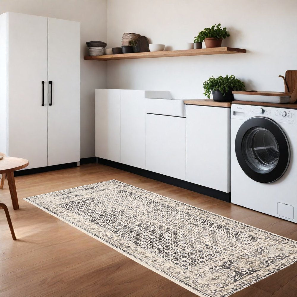 8' Ivory And Black Abstract Geometric Distressed Runner Rug