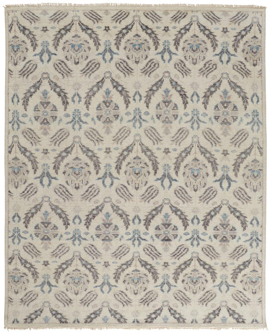 12' X 15' Ivory Gray And Blue Wool Floral Hand Knotted Stain Resistant Area Rug