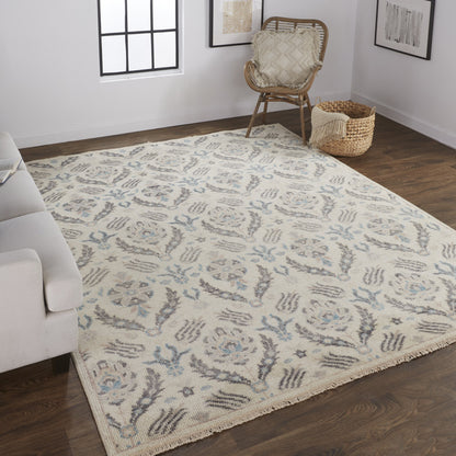 12' X 15' Ivory Gray And Blue Wool Floral Hand Knotted Stain Resistant Area Rug