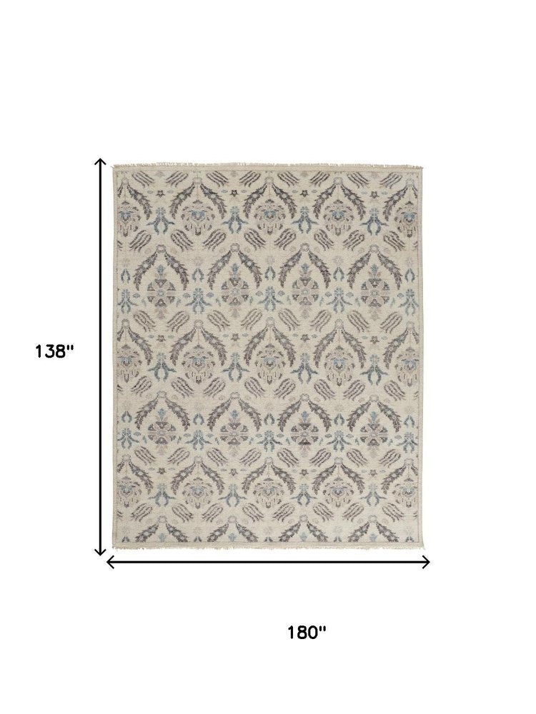 12' X 15' Ivory Gray And Blue Wool Floral Hand Knotted Stain Resistant Area Rug
