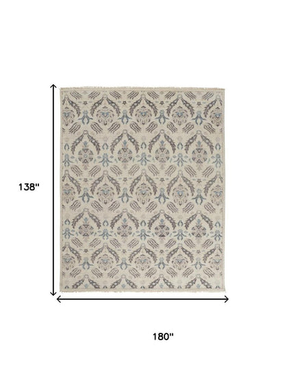 12' X 15' Ivory Gray And Blue Wool Floral Hand Knotted Stain Resistant Area Rug